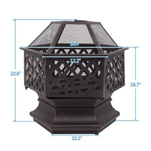 YYAO Outdoor Fire Pit 26 inch Hexagonal Patio Firepit Wood Burning Fireplace Portable Metal Fire Bowl with Mesh Screen Cover for Camping Picnic Bonfire Backyard Garden, black