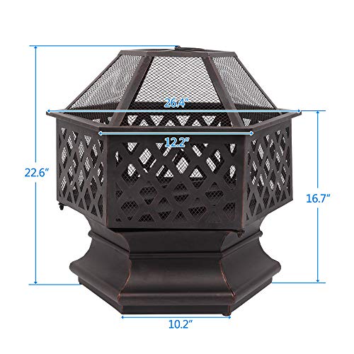 YYAO Outdoor Fire Pit 26 inch Hexagonal Patio Firepit Wood Burning Fireplace Portable Metal Fire Bowl with Mesh Screen Cover for Camping Picnic Bonfire Backyard Garden, black