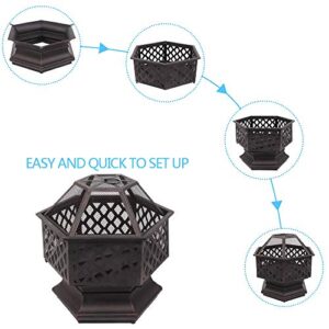 YYAO Outdoor Fire Pit 26 inch Hexagonal Patio Firepit Wood Burning Fireplace Portable Metal Fire Bowl with Mesh Screen Cover for Camping Picnic Bonfire Backyard Garden, black