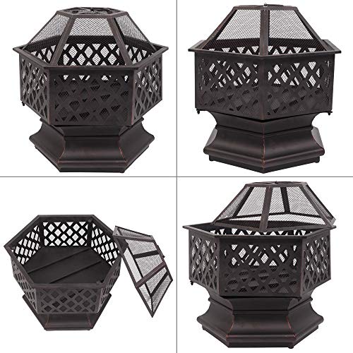 YYAO Outdoor Fire Pit 26 inch Hexagonal Patio Firepit Wood Burning Fireplace Portable Metal Fire Bowl with Mesh Screen Cover for Camping Picnic Bonfire Backyard Garden, black