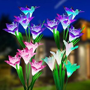 solarbaby solar lights outdoor garden, 4 pack solar garden lights outdoor waterproof multicolor changing led solar flower with bigger lily for patio yard pathway balcony decoration