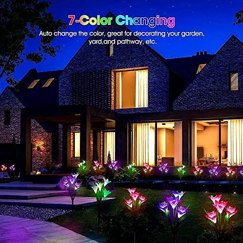 SOLARBABY Solar Lights Outdoor Garden, 4 Pack Solar Garden Lights Outdoor Waterproof Multicolor Changing Led Solar Flower with Bigger Lily for Patio Yard Pathway Balcony Decoration