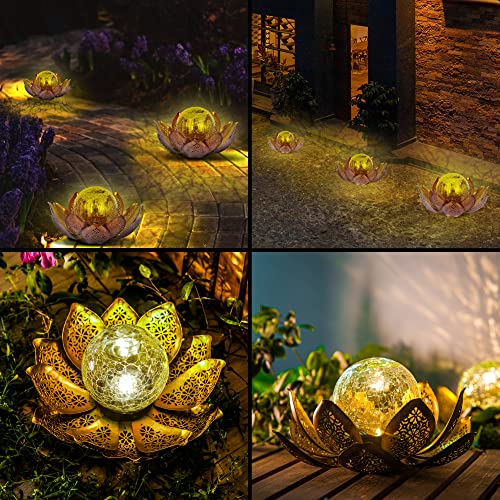 DUSVALLY Solar Lantern Outdoor Solar Lotus Lanterns Solar Lights, Metal Waterproof Garden Decoration for Patio, Yard, Courtyard, Hollow-Out Design,Golden