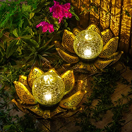 DUSVALLY Solar Lantern Outdoor Solar Lotus Lanterns Solar Lights, Metal Waterproof Garden Decoration for Patio, Yard, Courtyard, Hollow-Out Design,Golden