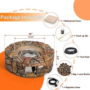 DORTALA Stone Propane Fire Pit, 28 Inch Propane Fire Pit Round w/ Lava Rocks, PVC Cover, ETL Certified, Outdoor Gas Fire Pits for Outside Patio Garden Backyard, 40,000 BTU (Brown)