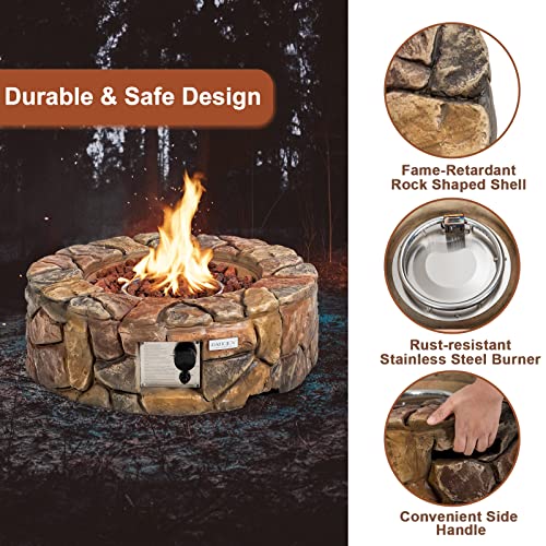 DORTALA Stone Propane Fire Pit, 28 Inch Propane Fire Pit Round w/ Lava Rocks, PVC Cover, ETL Certified, Outdoor Gas Fire Pits for Outside Patio Garden Backyard, 40,000 BTU (Brown)