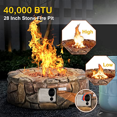 DORTALA Stone Propane Fire Pit, 28 Inch Propane Fire Pit Round w/ Lava Rocks, PVC Cover, ETL Certified, Outdoor Gas Fire Pits for Outside Patio Garden Backyard, 40,000 BTU (Brown)