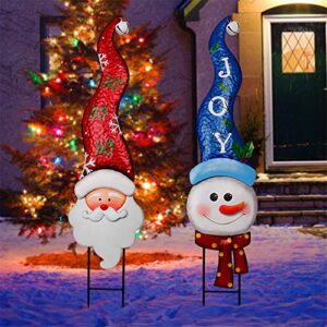 maggift 2 pack christmas metal stakes with tinkle bell, metal snowman and santa claus garden decor for outdoor decorations, stake decorative 3d snowmen welcome yard lawn pathway driveway signs