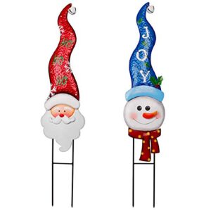 MAGGIFT 2 Pack Christmas Metal Stakes with Tinkle Bell, Metal Snowman and Santa Claus Garden Decor for Outdoor Decorations, Stake Decorative 3D Snowmen Welcome Yard Lawn Pathway Driveway Signs