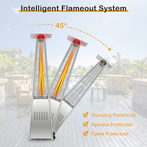 Toolsempire Outdoor Patio Heater 42,000 BTU, Propane Gas Space Heater Pyramid Stainless Steel Heaters Quartz Glass Tube with Wheels for Garden, Yard, Residential & Commercial Use, 90” Tall, Silver