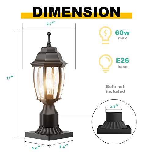 Aoceley Dusk to Dawn Outdoor Post Light with Pier Mount Base, 2-Pack Waterproof Pole Lantern Light Fixture, Exterior Lamp Post Lantern Head with Clear Glass for Garden, Patio, Pathway