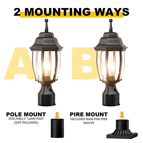 Aoceley Dusk to Dawn Outdoor Post Light with Pier Mount Base, 2-Pack Waterproof Pole Lantern Light Fixture, Exterior Lamp Post Lantern Head with Clear Glass for Garden, Patio, Pathway