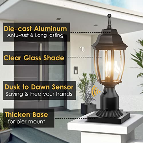 Aoceley Dusk to Dawn Outdoor Post Light with Pier Mount Base, 2-Pack Waterproof Pole Lantern Light Fixture, Exterior Lamp Post Lantern Head with Clear Glass for Garden, Patio, Pathway