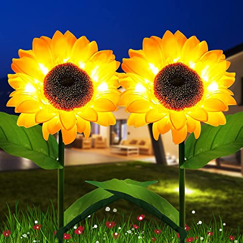 Sunflower Solar Lights Outdoor Garden Decorative Garden Stakes, Solar LED Pathway Decor Lights, Solar Flowers, IP65 Waterproof for Garden Patio Lawn Yard Porch Walkway(2 Pack)