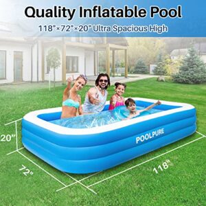 POOLPURE Inflatable Kiddie Swimming Pool, 118" X 72" X 20" Full-Sized Swimming Pools Above Ground for Kids, Baby, Adults, Family, More wear-Resisting Above Ground, Garden, Outdoor Party for Age 3+