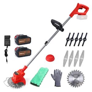 21v battery string trimmer, cordless string grass trimmer 47 inch lightweight electric weed wacker with 2 li-ion battery powered, 3 types cutting blades for lawn, yard, garden, bush trimming & pruning