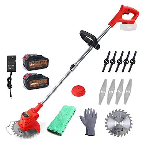 21V Battery String Trimmer, Cordless String Grass Trimmer 47 Inch Lightweight Electric Weed Wacker with 2 Li-Ion Battery Powered, 3 Types Cutting Blades for Lawn, Yard, Garden, Bush Trimming & Pruning