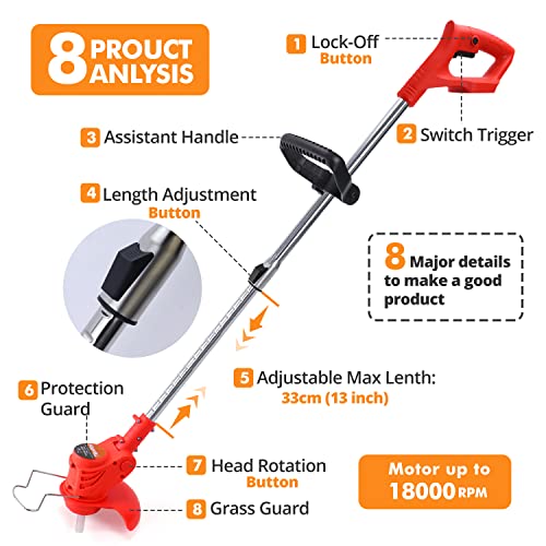 21V Battery String Trimmer, Cordless String Grass Trimmer 47 Inch Lightweight Electric Weed Wacker with 2 Li-Ion Battery Powered, 3 Types Cutting Blades for Lawn, Yard, Garden, Bush Trimming & Pruning