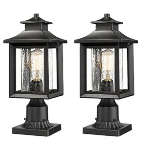 kauen 2 pack outdoor post light,exterior post light fixture,17.3″ height,3-inch pier mount base,sand black with clear seeded glass,outdoor light for patio, porch, yard, garden