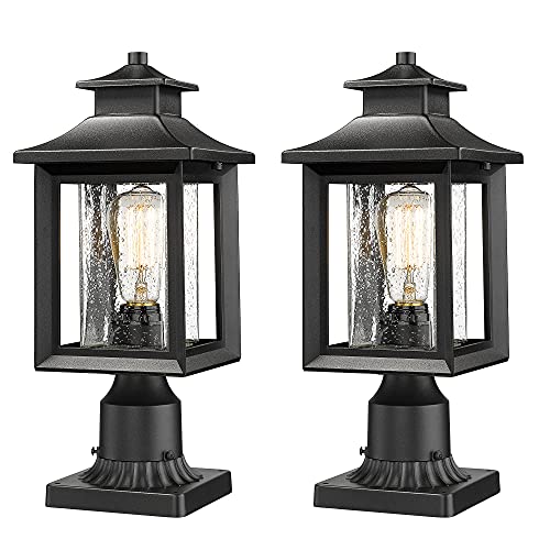 KAUEN 2 Pack Outdoor Post Light,Exterior Post Light Fixture,17.3" Height,3-Inch Pier Mount Base,Sand Black with Clear Seeded Glass,Outdoor Light for Patio, Porch, Yard, Garden