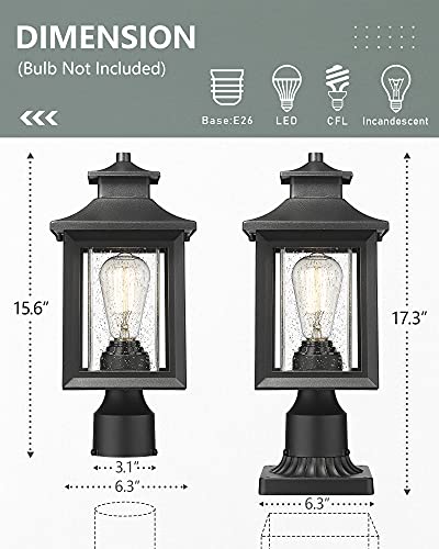 KAUEN 2 Pack Outdoor Post Light,Exterior Post Light Fixture,17.3" Height,3-Inch Pier Mount Base,Sand Black with Clear Seeded Glass,Outdoor Light for Patio, Porch, Yard, Garden