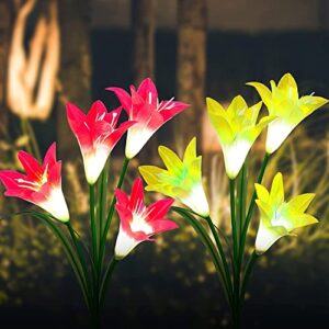 basiwei outdoor solar garden stake lights, 2 pack solar garden lights with 8 lily flower, waterproof solar powered fairy lights for outdoor, garden, patio, backyard(yellow and red)