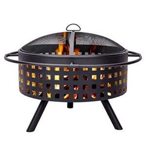 Vipush Fire Pit - 30in Black Crossweave Outdoor Fire Pit, Wood Burning Fire Pit with Spark Screen, Fireplace Poke, Cover - Fire Pit for Outside, Patio, Garden, Backyard, Decking