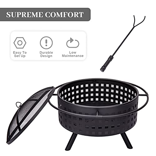 Vipush Fire Pit - 30in Black Crossweave Outdoor Fire Pit, Wood Burning Fire Pit with Spark Screen, Fireplace Poke, Cover - Fire Pit for Outside, Patio, Garden, Backyard, Decking