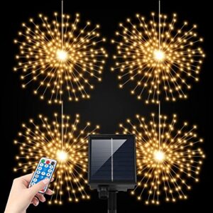 4 pack solar firework lights 480 led with usb charging remote starburst lights 8 modes hanging fairy light christmas decorative hanging star lights for wedding party patio garden decoration warm white