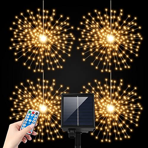 4 Pack Solar Firework Lights 480 LED With USB Charging Remote Starburst Lights 8 Modes Hanging Fairy Light Christmas Decorative Hanging Star Lights for Wedding Party Patio Garden Decoration Warm White