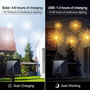 4 Pack Solar Firework Lights 480 LED With USB Charging Remote Starburst Lights 8 Modes Hanging Fairy Light Christmas Decorative Hanging Star Lights for Wedding Party Patio Garden Decoration Warm White