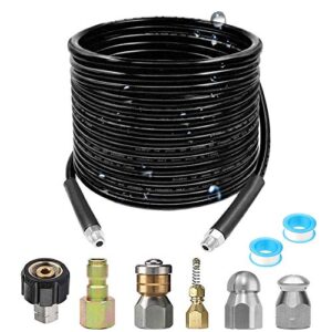 selkie pressure washer sewer jetter kit – 50ft hydro drain jetter cleaner hose, corner, rotating and button nose sewer jetting nozzle waterproof tape,orifice 4.0 4.5,1/4 inch npt,5800 psi