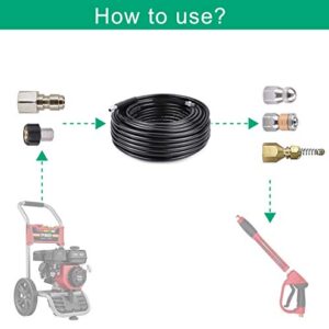 Selkie Pressure Washer Sewer Jetter Kit - 50Ft Hydro Drain Jetter Cleaner Hose, Corner, Rotating and Button Nose Sewer Jetting Nozzle Waterproof Tape,Orifice 4.0 4.5,1/4 Inch NPT,5800 PSI