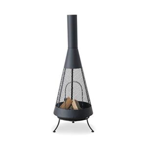 scandi garden chiminea, free standing fireplace, modern farmhouse style, black, removable grill, 360 degree view basket, iron, 19.75 d x 56.75 h inches