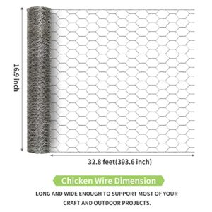 MIVERYEA Chicken Wire 16.9 in x 32.8 Feet, Metal Chicken Wire Fencing Mesh for Crafts, 0.6 Inch Hexagonal Galvanized Netting for Poultry Rabbit Coop