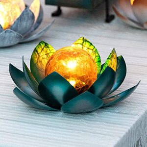 aiiny solar light outdoor(2pack), art crackle globe glass lotus decoration, solar led waterproof blue metal flower lights for patio,lawn,walkway,tabletop