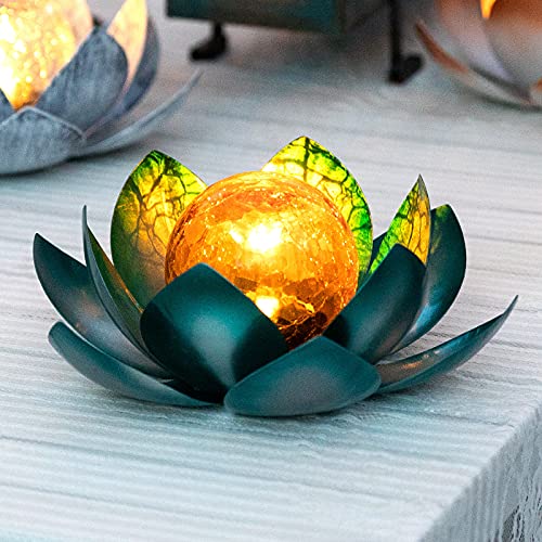 AIINY Solar Light Outdoor(2Pack), Art Crackle Globe Glass Lotus Decoration, Solar LED Waterproof Blue Metal Flower Lights for Patio,Lawn,Walkway,Tabletop