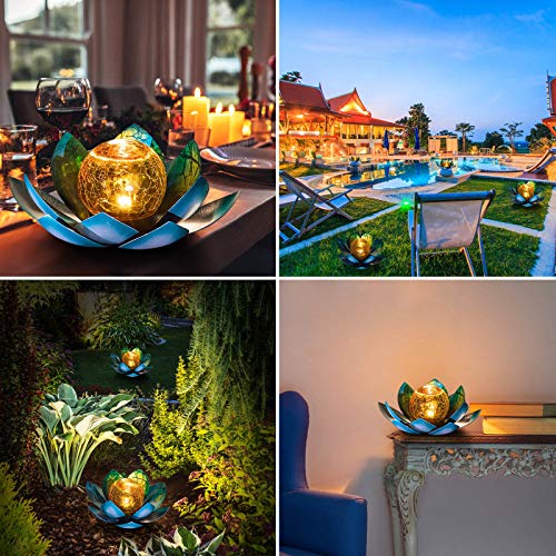 AIINY Solar Light Outdoor(2Pack), Art Crackle Globe Glass Lotus Decoration, Solar LED Waterproof Blue Metal Flower Lights for Patio,Lawn,Walkway,Tabletop