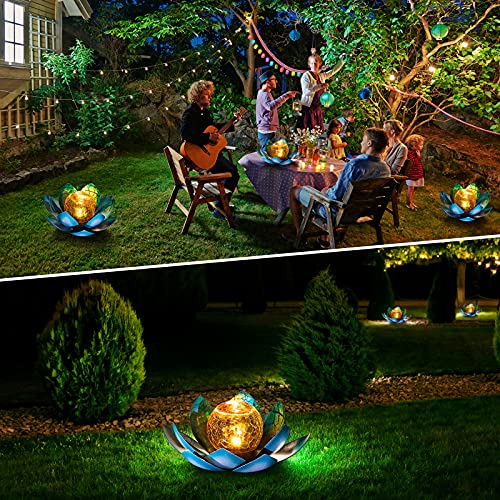 AIINY Solar Light Outdoor(2Pack), Art Crackle Globe Glass Lotus Decoration, Solar LED Waterproof Blue Metal Flower Lights for Patio,Lawn,Walkway,Tabletop