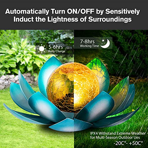 AIINY Solar Light Outdoor(2Pack), Art Crackle Globe Glass Lotus Decoration, Solar LED Waterproof Blue Metal Flower Lights for Patio,Lawn,Walkway,Tabletop