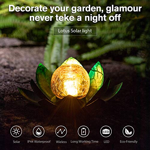 AIINY Solar Light Outdoor(2Pack), Art Crackle Globe Glass Lotus Decoration, Solar LED Waterproof Blue Metal Flower Lights for Patio,Lawn,Walkway,Tabletop