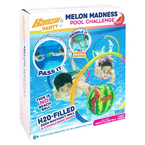 BANZAI Melon Madness Pool Challenge Underwater Water-Filled Ball w/ 3 22-inch Diameter Target Hoops, Garden Hose Adapter, and Underwater Ball