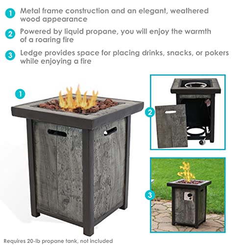 Sunnydaze Square Outdoor Propane Gas Fire Pit Table with Weathered Wood Look - Outdoor Smokeless Cast Stone Gas Fire Pit Column - Ideal for Yard, Patio or Garden - 25 Inches Tall