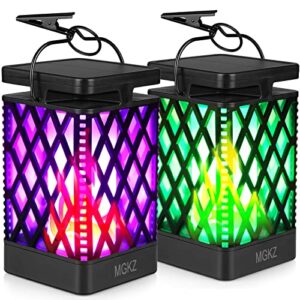 mgkz solar lanterns outdoor waterproof hanging solar lights color changing & fixed 9 modes flickering flame camping lanterns christmas decoration for party tent garden patio(2 pack)