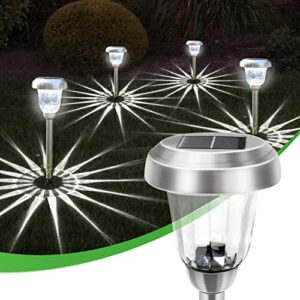 syouhome solar pathway lights outdoor waterproof, 4.5″x17.5″ solar garden light supper bright up to 14 hrs glass stainless steel metal auto on/off solar powered led landscape lighting for yard 4 pack