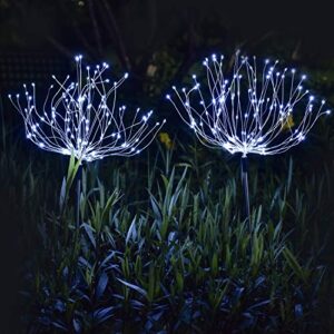 ooklee 2 pack solar firework lights 150 led 8 modes outdoor solar garden decorative lights, copper wires string landscape stake light for walkway patio lawn backyard christmas decor (cool white)