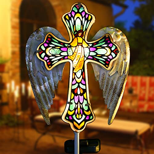 TEDOF Solar Cross Outdoor Garden Decorations,Cemetery Decorations for Grave,Memorial Gifts for Mother,Stained Glass and Angel Wings,Outside Waterproof Patio Decor Perfect Gardening Decor