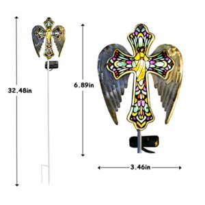 TEDOF Solar Cross Outdoor Garden Decorations,Cemetery Decorations for Grave,Memorial Gifts for Mother,Stained Glass and Angel Wings,Outside Waterproof Patio Decor Perfect Gardening Decor