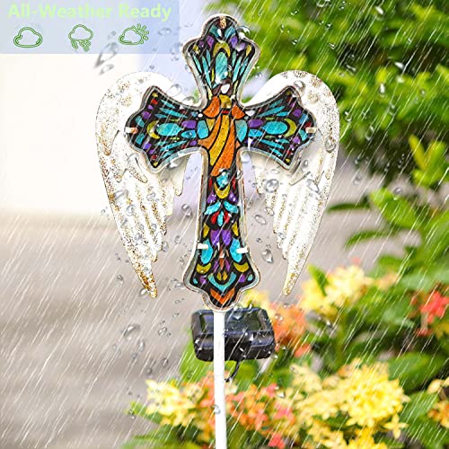 TEDOF Solar Cross Outdoor Garden Decorations,Cemetery Decorations for Grave,Memorial Gifts for Mother,Stained Glass and Angel Wings,Outside Waterproof Patio Decor Perfect Gardening Decor