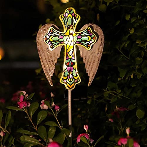 TEDOF Solar Cross Outdoor Garden Decorations,Cemetery Decorations for Grave,Memorial Gifts for Mother,Stained Glass and Angel Wings,Outside Waterproof Patio Decor Perfect Gardening Decor